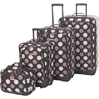 Rockland Escape 4-Piece Softside Upright Luggage Set, Telescoping Handles, Black Dot, (14/19/24/28)